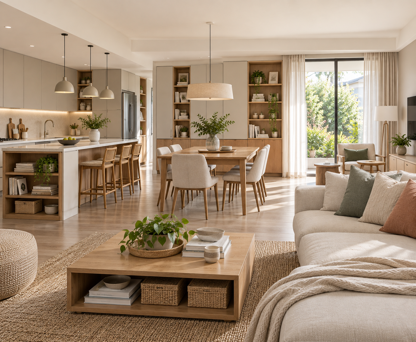Cocina, living y comedor integrados con muebles de guardado multifunión